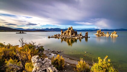 Obraz premium A serene lake scene with rock formations and vegetation