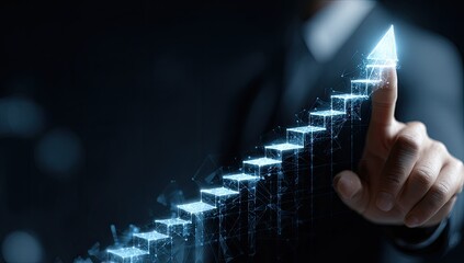 Fototapeta premium A businessperson's hand touches a glowing arrow pointing up, representing growth