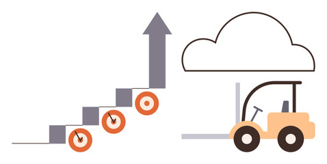 Obraz premium Business growth, data storage, cloud solutions, economic strategy, logistics, goal achievement. Steps with arrow growth, forklift moving cloud. Business growth and data storage concept