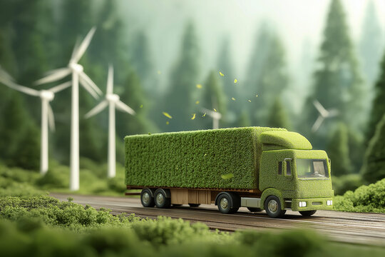 Green logistic or Sustainable transport concept. Truck icon transport logistics travel with clean energy, eco friendly process on forest background to Net zero carbon emission