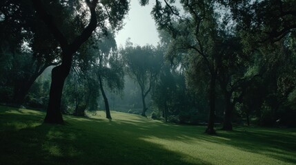 Obraz premium Sun Dappled Green Lawn Among Shadowy Trees on a Foggy Tranquil Morning