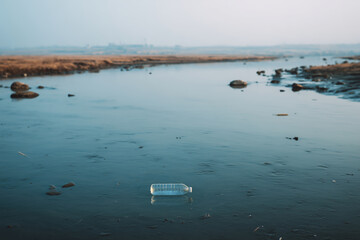 Plastic Bottle Floating in Calm River, Water Pollution Concept