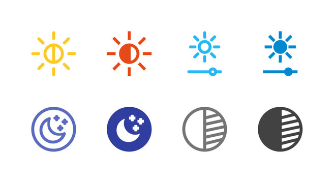 Flat Colored Light mode, Night mode, Brightness, Contrast Icon Set for System Interface