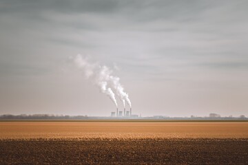 Industrial Smoke Over Rural Farmland, Environmental Crisis Landscape