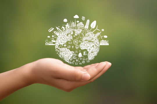 Green technology or Environmental technology to Sustainable development goal (SDGs) concept. Hands holding Global with Environment icon on a green background. Business Value Chain. Net zero concept