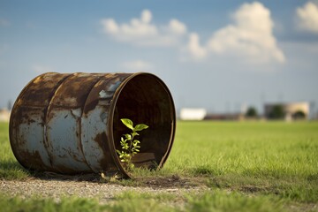 Rusty Industrial Barrel with Young Plant Growing, Nature Reclaiming Concept