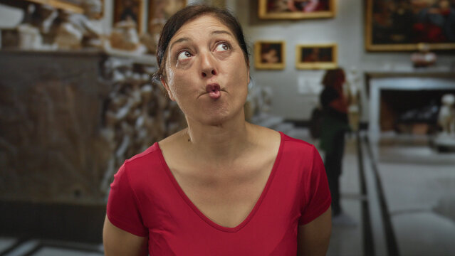 Middle aged hispanic woman in bright red shirt forming cheeky fish face with lips in church interior; joy.