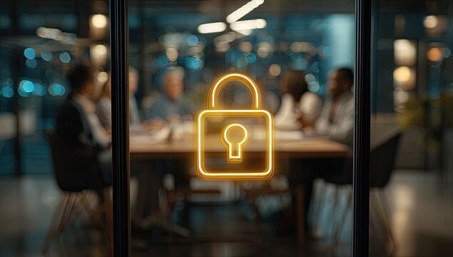 Neon glowing padlock overlaying blurred office meeting, conveying data protection concept