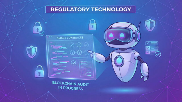 Regulatory technology concept for blockchain audit smart contract compliance automated verification and artificial intelligence driven financial governance system