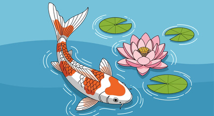 Koi Fish and Lotus Flower in Pond