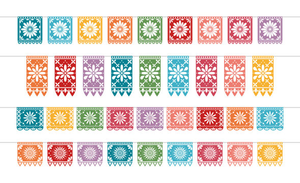 Large set of Mexican papel picado banners with various patterns for Cinco de Mayo celebration. Vector illustration