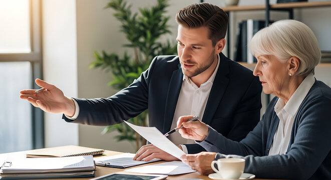 Professional male lawyer explaining legal document details to senior female client in bright office