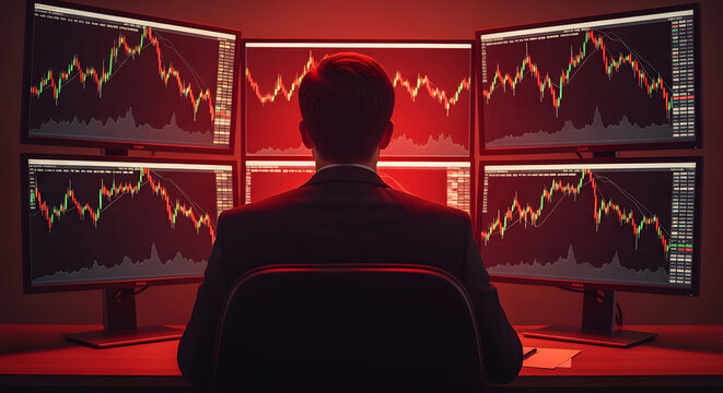 A lone trader observes multiple computer screens displaying volatile red stock market graphs in a dark room.