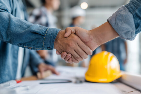 ISO standards quality control concept, assurance warranty. for construction industry engineers or architects. engineer handshake after consultation and conference new project plan