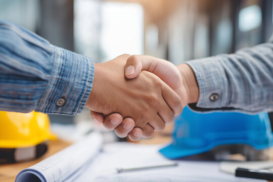 ISO standards quality control concept, assurance warranty. for construction industry engineers or architects. engineer handshake after consultation and conference new project plan