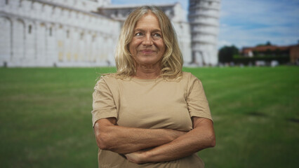 Obraz premium Senior woman with arms crossed standing in front of a historic building and leaning tower on a green lawn; confidence.
