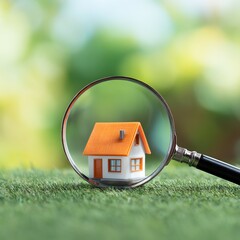 A model house viewed through a magnifying glass.