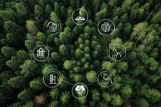 Net zero icons on the top view of the forest for Carbon neutral and net zero concept natural environment Climate-neutral long-term strategy greenhouse gas emissions targets
