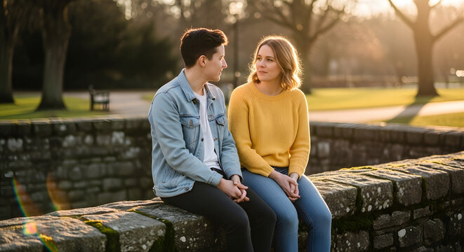 Two young people having a deep conversation while sitting on an old stone wall in a public park during golden hour