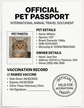 Pet passport with medical vaccination records and identification information forming professional background for veterinary services, animal travel regulations, and global pet relocation themes.