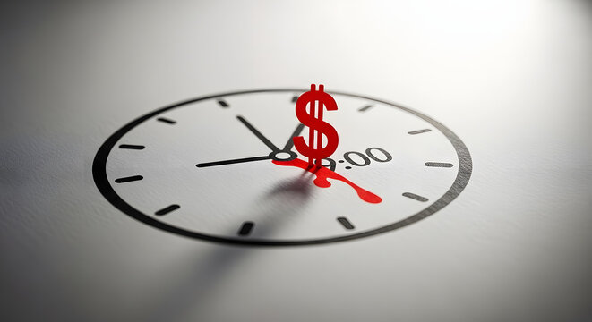 A vibrant red dollar sign at the clock's center symbolizes the concept: time equals money.