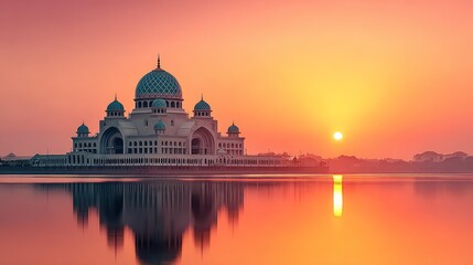 Obraz premium Temple of peace reflected in tranquil waters at sunrise over a grand domed sanctuary
