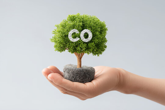 Reduce emission and Carbon neutral concept. Hand holding a tree with a CO2 symbol to limit climate change and global warming, and eco-friendly environment to green business