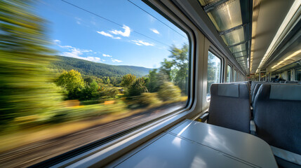 View of lush green countryside passing by quickly through a train window.