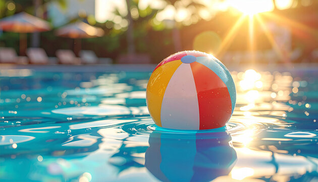 Ein bunter Strandball treibt in einem Hotelpool im Wasser
