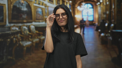 Fototapeta premium Woman adjusts glasses with hand in ornate museum building showing a slight smirk and relaxed pose; playful confidence.