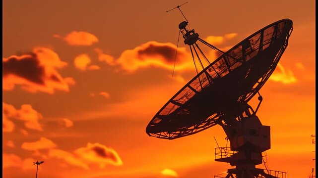 Silhouette of a Large Satellite Dish Against a Dramatic Orange Sunset Sky.