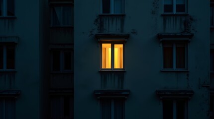Single lit apartment window in dark residential building during an urban blackout