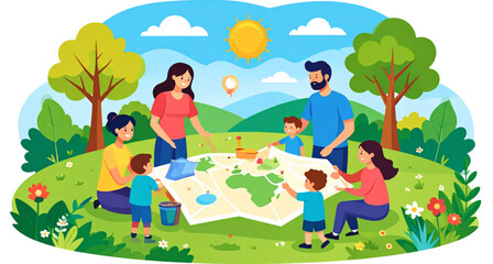 Obraz premium Family Exploring Map on Outdoor Adventure – Park, Sunny Day, and Travel Planning Vector Illustration