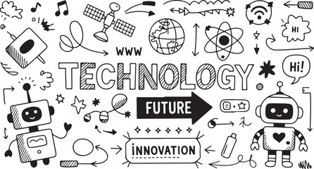 Hand drawn technology innovation and future concepts doodle set
