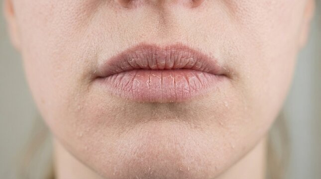 Macro close-up of dry cracked lips and pale skin texture due to endocrine disorder, bright examination lighting