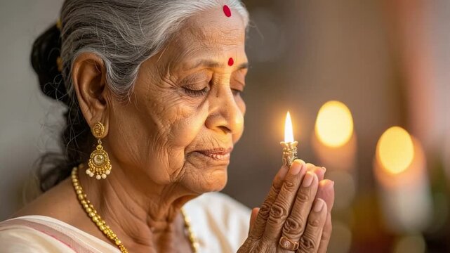 Elderly Indian woman praying with a traditional oil lamp and bindi