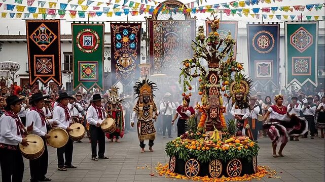 Vibrant indigenous cultural festival with costumed dancers and drummers performing in a colorful street parade, celebrating ancient traditions.
