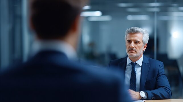 directors. Professional business meeting with two executives in a modern conference room, natural ambient light. pitch deck slides.