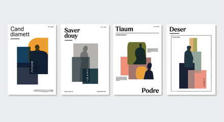 Four book cover designs featuring abstract geometric shapes and typography © Md Shifat