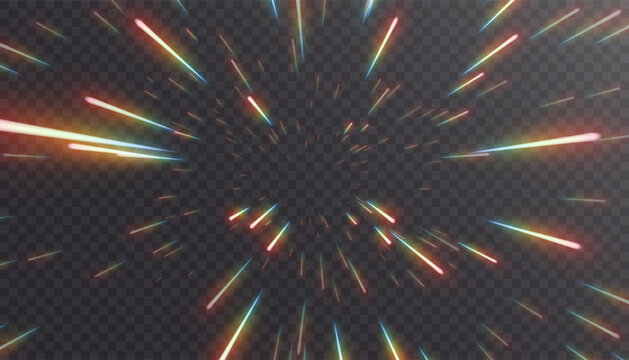 Radial warp-speed starfall with iridescent chromatic light streaks, abstract hyperspace tunnel effect. Futuristic sci-fi vector illustration.