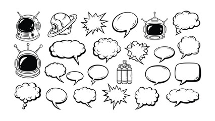 Comic Style Speech Bubbles and Space Elements: Collection of illustrations in comic style, featuring speech bubbles in various shapes, and elements related to space exploration. © Jannat