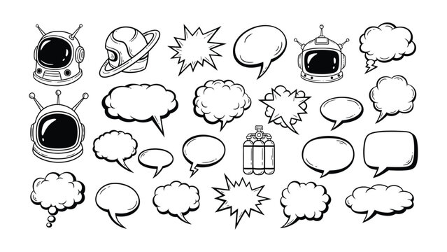 Comic Style Speech Bubbles and Space Elements: Collection of illustrations in comic style, featuring speech bubbles in various shapes, and elements related to space exploration.