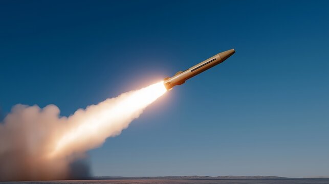 Hypersonic missile launch from a naval vessel streaking across sky at extreme speed with plasma trail, perfect for hypersonic weapons technology, naval defense system, advanced missile, military