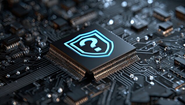 Close-up of a circuit board with a glowing question mark inside a shield icon