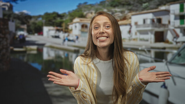 Woman with hands raised and mouth open on a street at a seaside port beside boats, facing camera with surprised expression; surprise travel.