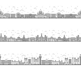 Obraz premium Seamless pattern with outline Madrid Spain, Lisbon Portugal and Helsinki Finland City Skyline. Historic Buildings Isolated on White.