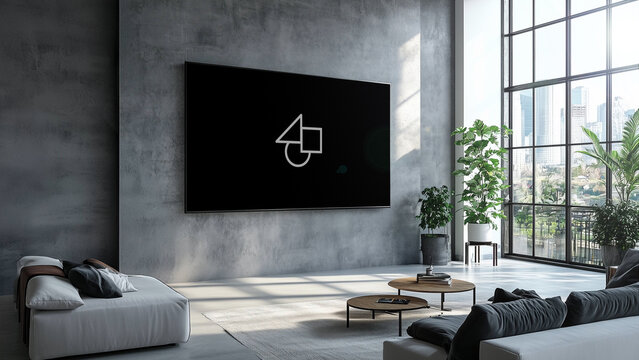 Home Interior TV Mockup 3 &ndash; Modern Living Room Television Screen Presentation, Realistic Smart TV Display, Interior Design Branding Showcase Template