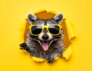 Fototapeta premium Ein lachender Waschbär mit Sonnenbrille schaut durch ein Loch vor gelben Hintergrund