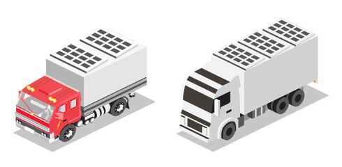 Isometric delivery truck with solar panels on the roof. Automobile on renewable sun energy. Electric vehicle with photovoltaic elements. Red hybrid truck.