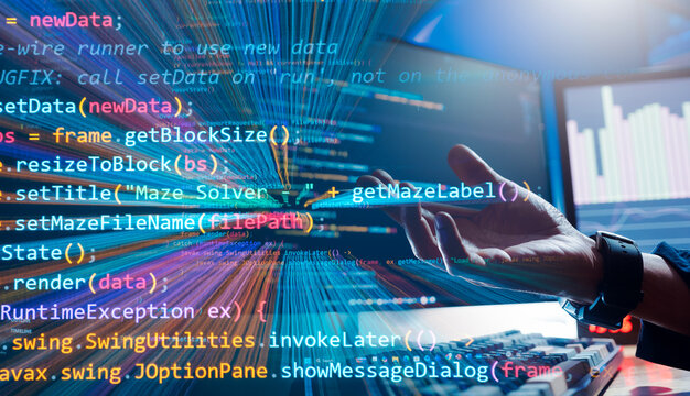 An abstract image depicting a background of software developers and computer coding, representing a conceptual representation of high-tech information for creating a network security platform.